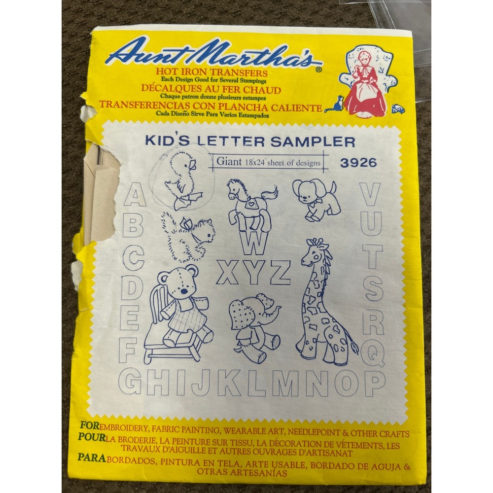 Aunt Marthas 3926 Kids Letter Sampler Hot Iron Transfer Alphabet Animals Pattern